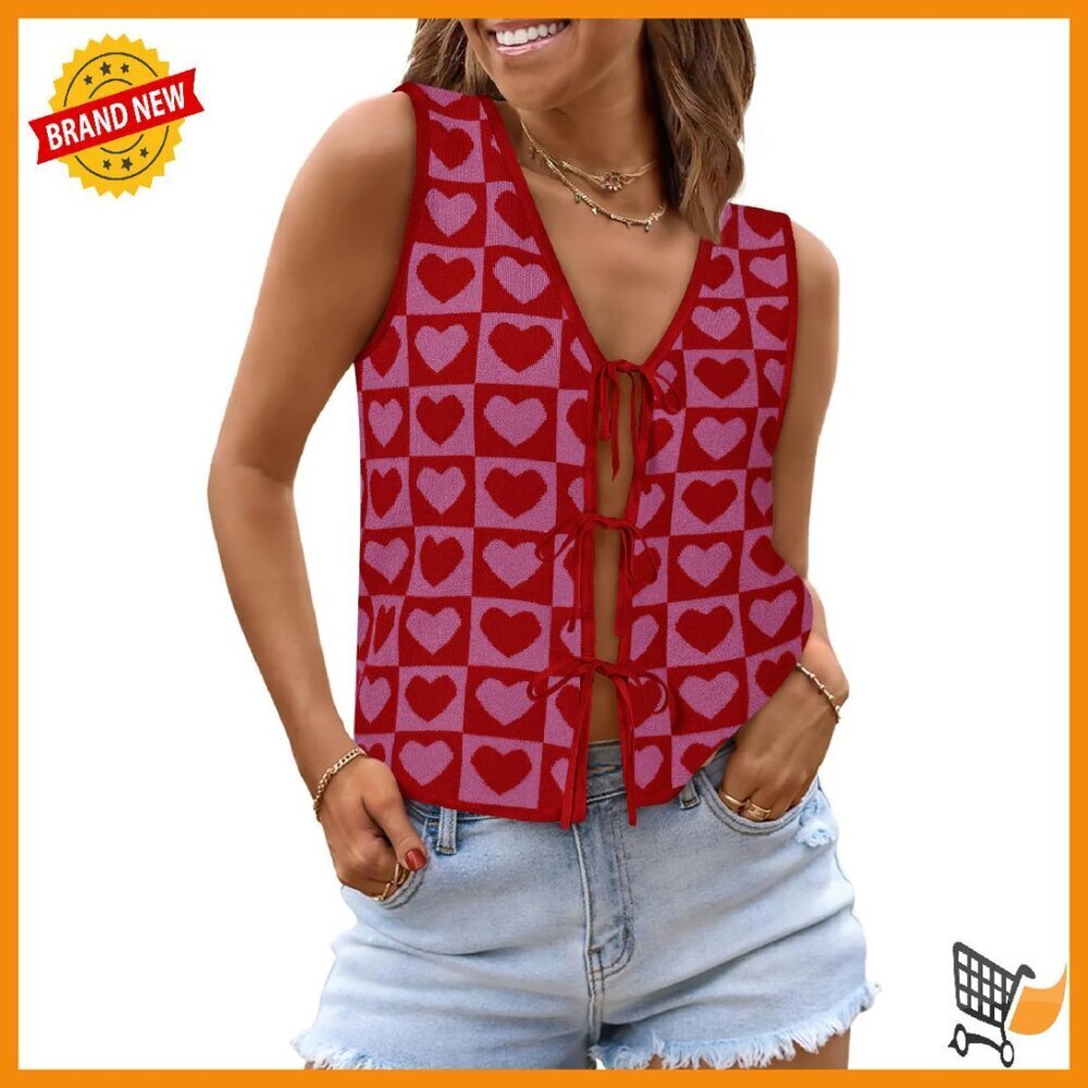 V-Neck Sleeveless Sweater Vest Tie Front Crochet Knit Top